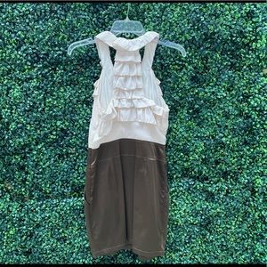 Ruffle low cut v neck dress with shimmer olive green/copper bottom